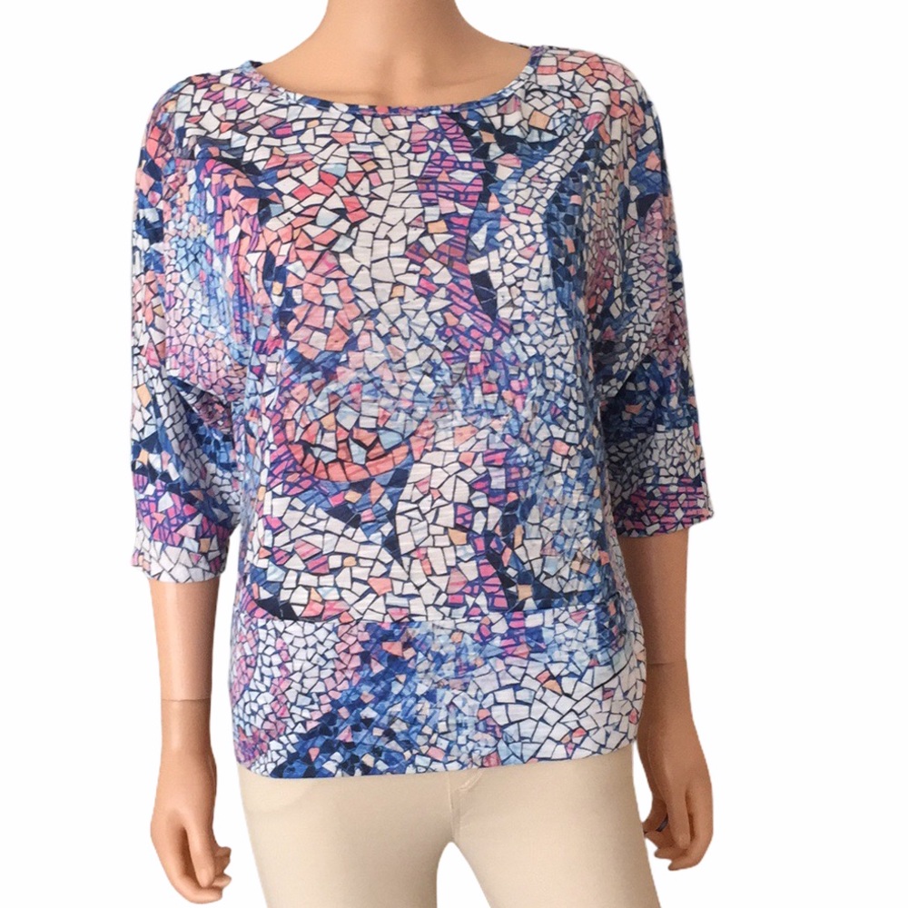 Chico’s white/blue/pink mosaic polyester top